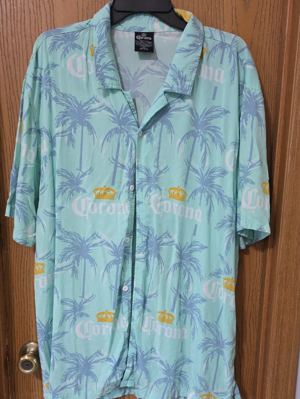 Corona Light Aqua Palm-Print Short Sleeve Button Shirt with Yellow Logo